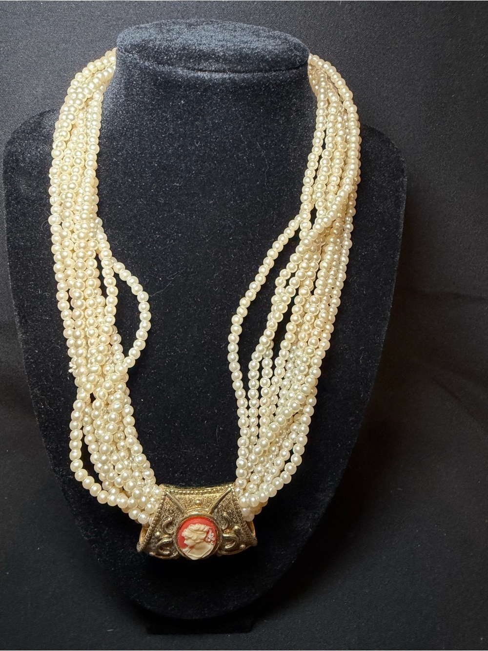 20” Multi Stranded Faux Pearl Cameo Necklace